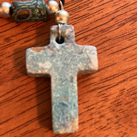 Beautiful boho style necklace with chunky blue stone cross on a leather cord. - Picture 12 of 16